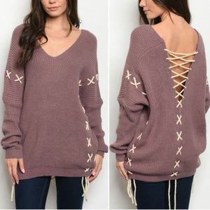 GIRLY & FLIRTY LACE UP MAUVE TUNIC SWEATER